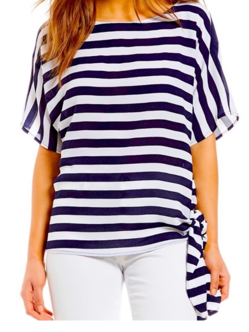 MICHAEL Michael Kors Women’s Navy Blue & White Striped Side-Tie Blouse